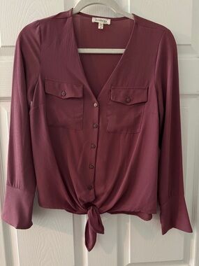 Monteau Mauve-Pink Button Front Tie-Hem Blouse